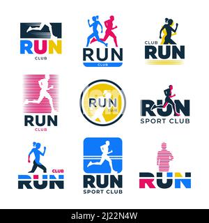 Set di logo piatto retro running diverso. Silhouette colorate di corridori e atleti che fanno jogging maratona collezione di illustrazioni vettoriali. Club sportivo, attivo Illustrazione Vettoriale