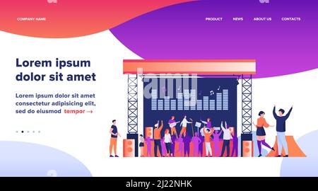 Felice gente che si diverte a rock concerto flat vettore illustrazione. Open festival all'aria aperta. Musicisti che suonano musica al parco. Stile di vita, musica e it Illustrazione Vettoriale