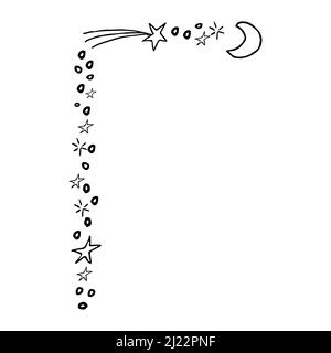 Cornice di bordo in stile semplice con stelle, linee, cerchi isolati su sfondo bianco. Doodle decorazione carina. Illustrazione vettoriale Illustrazione Vettoriale