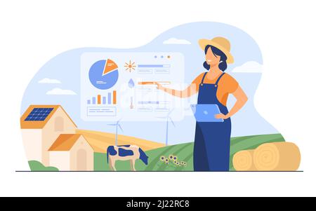 Felice agricoltore che lavora in azienda per alimentare popolazione piatta vettore illustrazione. Fattoria cartoon con tecnologia di automazione. Agricoltura intelligente e implementazione Illustrazione Vettoriale