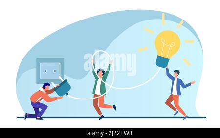 Le persone più piccole che si trasformano nella lampadina. Idea, lampada, elettricità flat vettoriale illustrazione. Concetto di brainstorming e creatività per banner, sito web de Illustrazione Vettoriale