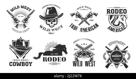 Set di emblemi del selvaggio West. Elementi monocromatici con cranio in cappello da cowboy, cavallo da rodeo, pistola incrociata, stemma sceriffo. Collezione di illustrazioni vettoriali d'epoca Illustrazione Vettoriale