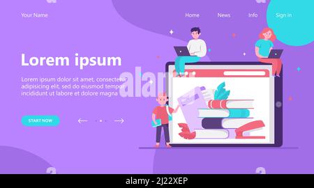 La gente piccola che legge i libri nella biblioteca in linea. Internet, laptop, tecnologia flat vettoriale illustrazione. Concetto di conoscenza e formazione per banner, websit Illustrazione Vettoriale