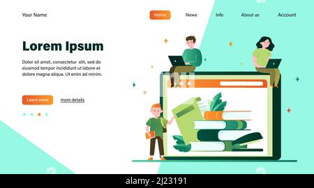 La gente piccola che legge i libri nella biblioteca in linea. Internet, laptop, tecnologia flat vettoriale illustrazione. Concetto di conoscenza e formazione per banner, websit Illustrazione Vettoriale