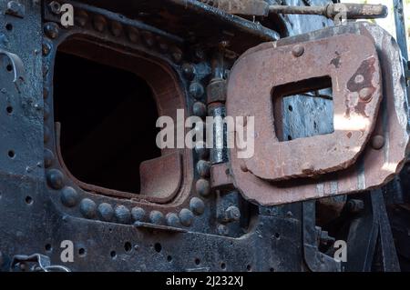 L'ingresso del focolare di una locomotiva a vapore esposta in un museo Foto Stock