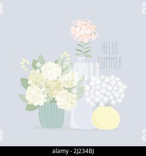 Carino Cartoon estate Bouquets in vasi. Hydrangea, Daisy, Phlox Illustrazione Vettoriale