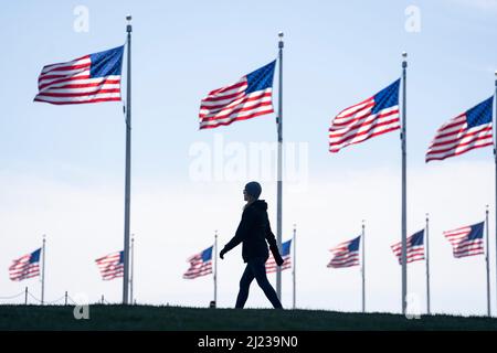 Washington, Stati Uniti. 29th Mar 2022. Una donna visita il National Mall di Washington, DC, Stati Uniti, il 29 marzo 2022. Il numero totale di casi COVID-19 negli Stati Uniti ha superato i 80 milioni di martedì, secondo i dati della Johns Hopkins University. Credit: Liu Jie/Xinhua/Alamy Live News Foto Stock