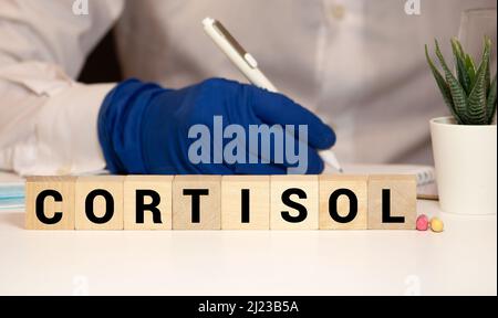 CORTISOLO parola fatta con blocchi di costruzione. Vista frontale. CORTISOLO testo su sfondo grigio per il tuo desing, concetto. Foto Stock