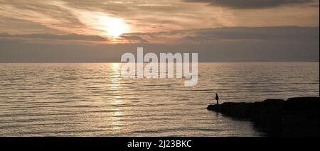 Angler sul bordo di affioramento roccioso in silhouette al tramonto una vista sul mare dal sentiero costiero vicino a Molefre sull'isola di Anglesey, Galles del Nord Regno Unito, estate Foto Stock
