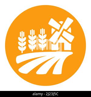 Campo con un mulino a vento e orecchie di grano flat glifo icona. Cartello agricoltura. Simbolo grafico per la progettazione del sito Web, il logo, l'app, l'interfaccia utente. Illustrazione vettoriale, Illustrazione Vettoriale