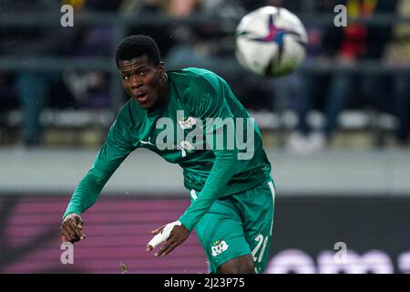 BRUSSEL, BELGIO - 29 MARZO: Cyrille Bayala del Burkina Faso durante la partita internazionale amichevole tra Belgio e Burkina Faso al Lotto Park il 29 marzo 2022 a Brussel, Belgio (Foto di Jeroen Meuwsen/Orange Pictures) Foto Stock