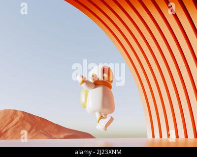Vista surreale dal pianeta arancione con astronauta o alieno in totale armonia e bella 3D rendering montagne vista. Viaggio da sogno o metaverse Foto Stock