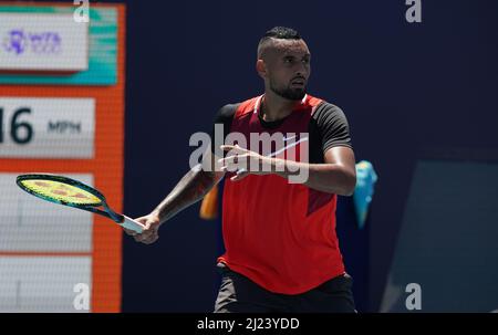 Miami Gardens, USA. 29th Mar 2022. Nick Kyrgios of Australia reagisce nella sua partita contro Jannik Sinner of Italy durante il Miami Open all'Hard Rock Stadium il 29 marzo 2022 a Miami Gardens, Florida.(Photo by JL/Sipa USA) Credit: Sipa USA/Alamy Live News Foto Stock