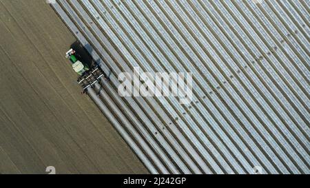 BAZHOU, CINA - 29 MARZO 2022 - Aerial photo scattata il 29 marzo 2022 mostra un coltivatore di cotone che pianta cotone in un campo di cotone a Bazhou, Xinjiang Prov Foto Stock