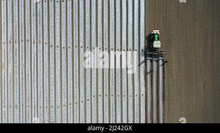 BAZHOU, CINA - 29 MARZO 2022 - Aerial photo scattata il 29 marzo 2022 mostra un coltivatore di cotone che pianta cotone in un campo di cotone a Bazhou, Xinjiang Prov Foto Stock