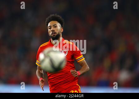 Cardiff, Regno Unito. 29th Mar 2022. Sorba Thomas del Galles in azione. Galles / Repubblica Ceca, partita internazionale di calcio amichevole per l'appello umanitario DEC Ucraina allo stadio cittadino di Cardiff, nel Galles del Sud, martedì 29th marzo 2022. Solo per uso editoriale. pic by Andrew Orchard/Andrew Orchard SPORTS photography/Alamy Live News Credit: Andrew Orchard SPORTS photography/Alamy Live News Foto Stock