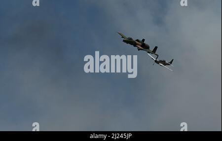 La A-10C Thunderbolt II e il P-51 Mustang eseguono il volo USAF Heritage, al Wings Over Columbus Airshow, 26 marzo 2022, sulla base dell'aeronautica di Columbus, Misss. Il team è attualmente composto da 10 piloti civili qualificati per volare uccelli da guerra d'epoca in formazione con le moderne squadre dimostrative a nave singola dell'aeronautica militare. (STATI UNITI Air Force foto di Airman 1st Classe Jessica Haynie) Foto Stock