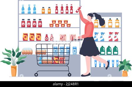 Supermercato con scaffali, oggetti di alimentari e Carrello pieno, Retail, prodotti e consumatori in Cartoon piano sfondo Illustrazione Illustrazione Vettoriale