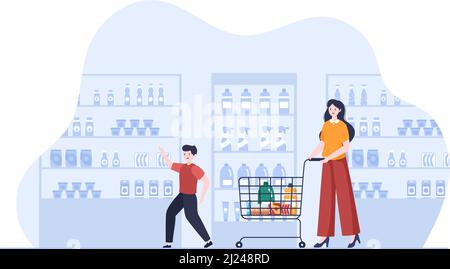 Supermercato con scaffali, oggetti di alimentari e Carrello pieno, Retail, prodotti e consumatori in Cartoon piano sfondo Illustrazione Illustrazione Vettoriale