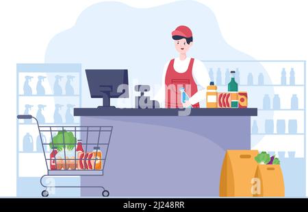 Supermercato con scaffali, oggetti di alimentari e Carrello pieno, Retail, prodotti e consumatori in Cartoon piano sfondo Illustrazione Illustrazione Vettoriale