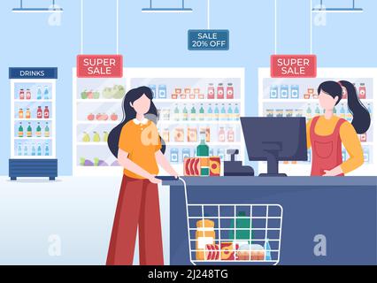 Supermercato con scaffali, oggetti di alimentari e Carrello pieno, Retail, prodotti e consumatori in Cartoon piano sfondo Illustrazione Illustrazione Vettoriale