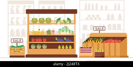 Supermercato con scaffali, oggetti di alimentari e Carrello pieno, Retail, prodotti e consumatori in Cartoon piano sfondo Illustrazione Illustrazione Vettoriale