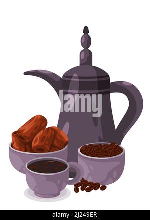 Datteri e caffè arabico iftar Ramadan festa illustrazione pentola bollitore Illustrazione Vettoriale