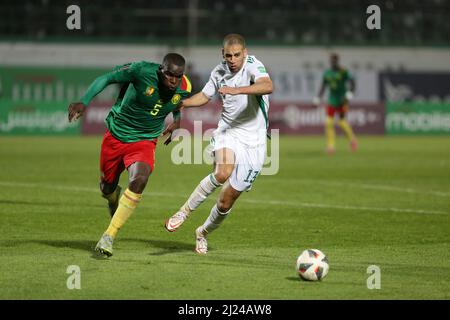 Blida, Algeria. 29th Mar 2022. L'Islam algerino Slimani (R) vibra con Michael Ngadeu-Ngadjui in Camerun durante la seconda tappa della partita di calcio dei qualificatori africani della Coppa del mondo FIFA 2022 tra Algeria e Camerun a Blida, Algeria, 29 marzo 2022. Credit: Str/Xinhua/Alamy Live News Foto Stock