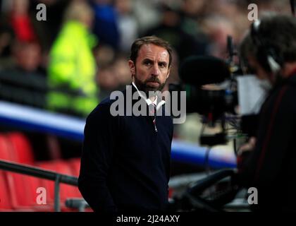 Londra, Regno Unito. 29th marzo 2022; Wembley Stadium, Londra, Inghilterra; International football friendly, Inghilterra contro Costa d'Avorio; il manager inglese Gareth Southgate guarda al Dugout Credit: Action Plus Sports Images/Alamy Live News Foto Stock