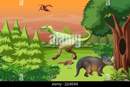 Scena con molti dinosauri in illustrazione foresta Illustrazione Vettoriale