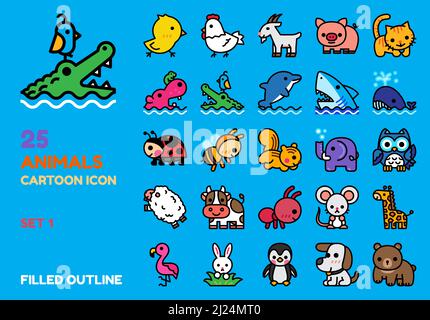 Set di vettori di icone di contorno riempite con animali. Carino cartoon disegno illustrazione linea arte per la decorazione, brochure, istruzione, banner, sito web, media, ecc Illustrazione Vettoriale