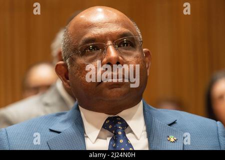 New York, NY - 29 marzo 2022: Il presidente della GA Abdulla Shahid partecipa a Equiano.Stories - Presidente dell'evento Speciale dell'Assemblea Generale in occasione della Giornata Internazionale della memoria delle vittime della schiavitù e del commercio transatlantico degli schiavi presso la Camera del Consiglio dei Trusteeship della sede delle Nazioni Unite Foto Stock