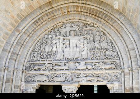 Il timpano della chiesa abbaziale di Beaulieu-sur-Dordogne Foto Stock