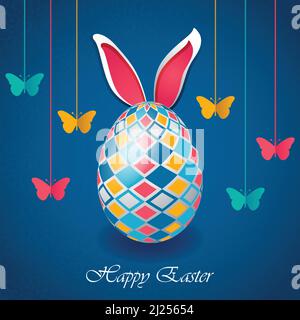 Felice Pasqua Typography biglietto di auguri colorato. Appendere Butterflies decorazione, coniglietto orecchie, e colorato disegno uovo quadrato banner arte vettoriale Illustrazione Vettoriale