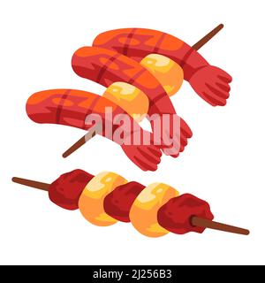 Gamberi gamberi spiedino carne barbeque satay bastone tradizionale cinese asiatico cibo illustrazione disegno Illustrazione Vettoriale