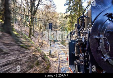 Cavalca una vita in una locomotiva a vapore. Dinamica attraverso la sfocatura del movimento. Foto Stock