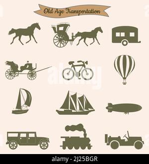 Set di icone dei veicoli Vintage retro Transport Illustrazione Vettoriale