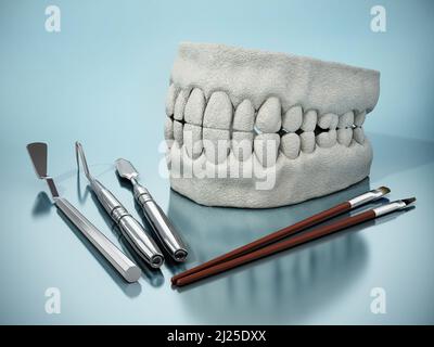 Modelli di denti artificiali, strumenti di modellazione e pittura. 3D illustrazione. Foto Stock