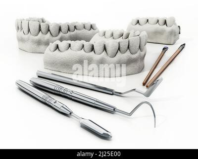 Modelli di denti artificiali, strumenti di modellazione e pittura isolati su sfondo bianco. 3D illustrazione. Foto Stock