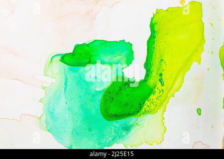 Espansione astratta di miscelazione di colori giallo e verde di acquerello essiccato su vassoio di vernice bianca Foto Stock