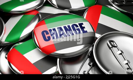 Cambiamento negli Emirati Arabi Uniti - bandiera nazionale degli Emirati Arabi Uniti su decine di pulsanti di pinback che simboleggiano il prossimo cambiamento in questo paese. , 3d Foto Stock