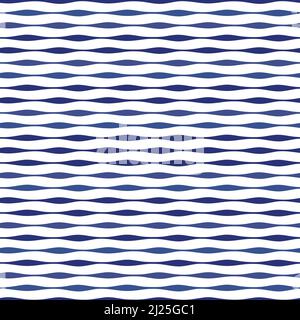 Tracciato ondulato astratto. Vettoriale ripetizione senza giunture delle onde orizzontali del mare in blu e bianco indaco. Illustrazione Vettoriale