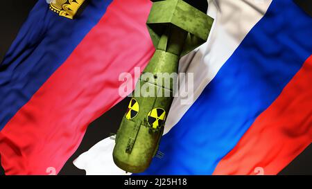 Liechtenstein e Russia guerra nucleare, conflitto e crisi. Bandiere nazionali e una bomba atomica con logo radioattivo per simboleggiare una minaccia nucleare e OP Foto Stock