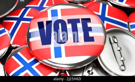 Norvegia e Vota - decine di pulsanti di pinback con una bandiera di Norvegia e una parola di voto. 3D rendere simbolo del prossimo voto in questo paese., 3D illustrati Foto Stock