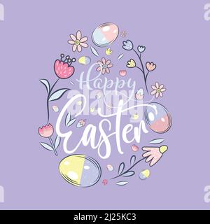Banner, poster, biglietto d'auguri di buona Pasqua. Design di Pasqua alla moda con tipografia, coniglietti, fiori, uova, coniglietto orecchie, in colori pastello. Illustrazione Vettoriale