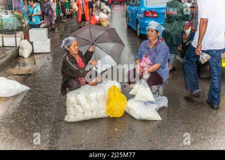 Bangkok, Thailandia - 12 maggio 2009: Donna non identificata seduta in strada al mercato dei fiori mattina Pak Klong Thalat. Foto Stock