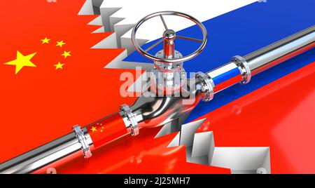 Gasdotto, bandiere di Cina e Russia - 3D illustrazione Foto Stock