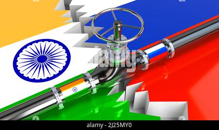 Gasdotto, bandiere di India e Russia - 3D illustrazione Foto Stock