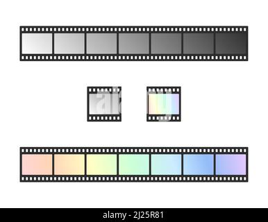 Set vettore striscia. Pellicola da cinema, cornice fotografica isolata su sfondo bianco. Pellicola negativa vuota. 35mm bordo del vetrino. Illustrazione piatta vettoriale. Illustrazione Vettoriale