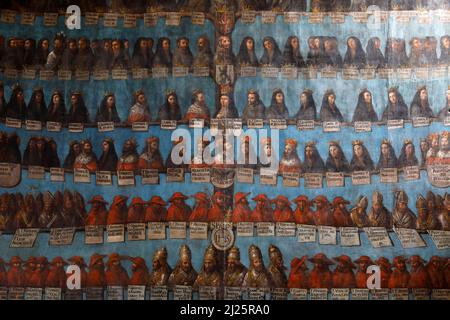 Museo di Pedro Gocial nel convento di San Francisco, Quito, Ecuador. Affresco nella scala Foto Stock